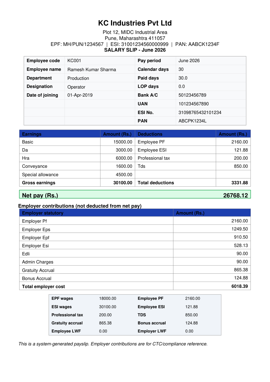 KC Payroll sample salary slip for June 2026